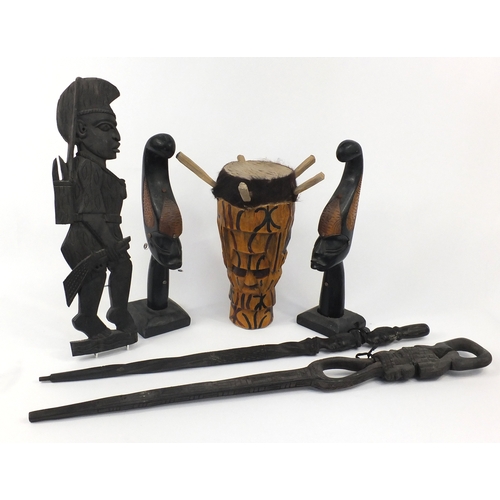629 - African carved wood items including a pair of busts and drum