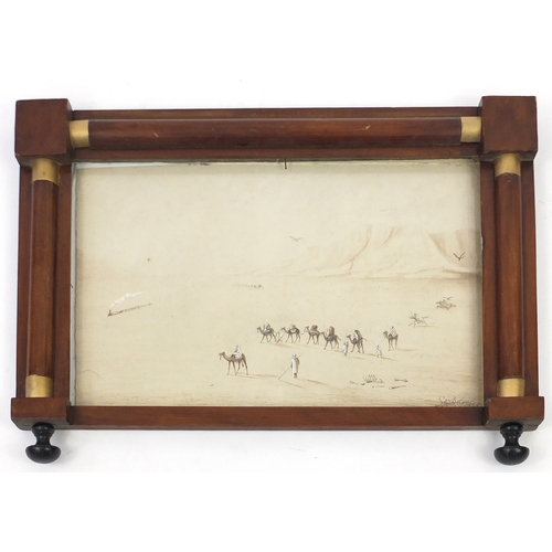 187 - Camels in a desert, watercolour, signed and dated Sadiad Bolani 1876, in a mahogany frame, 55cm x 35... 
