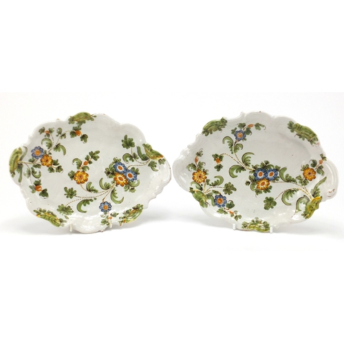 242 - Pair of Italian Majolica pottery dishes by Cantagalli, hand painted with flowers, painted marks to t... 