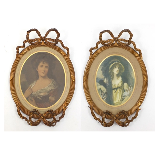 75 - Pair of 19th century oval gilt wood and gesso frames with bow design, each housing coloured prints o... 