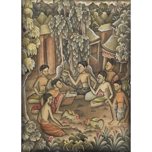 283 - African figures and chickens, watercolour, framed, 35cm x 27cm