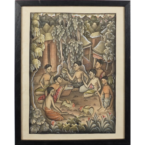 283 - African figures and chickens, watercolour, framed, 35cm x 27cm