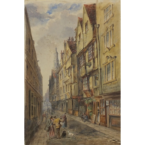 339 - Victorian street scene, watercolour, gilt framed and three similar unframed examples