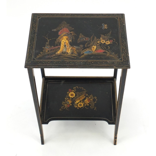 2057 - Chinese black lacquered side table, hand painted and gilded in the chinoiserie manner, 60.5cm H x 38... 