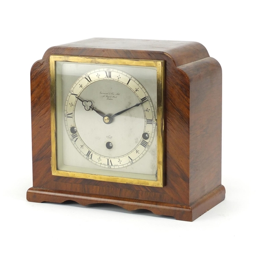 2105 - Walnut Elliott Westminster chiming mantel clock, retailed by Garrard & Co of Regent Street London, t... 