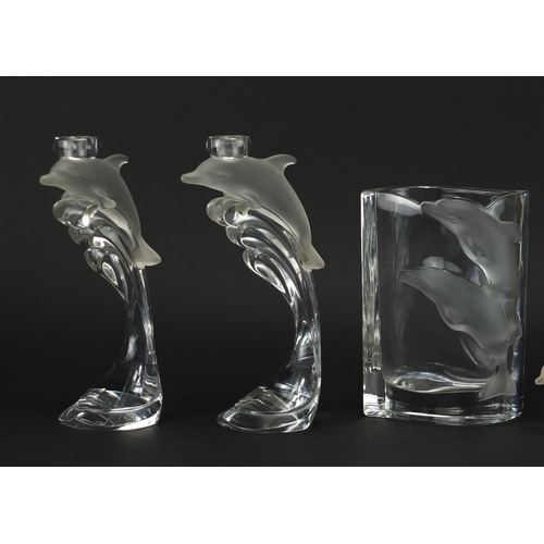 2096 - German frosted and clear dolphin design glass by Nachtmann including a pair of candlesticks, pot and... 