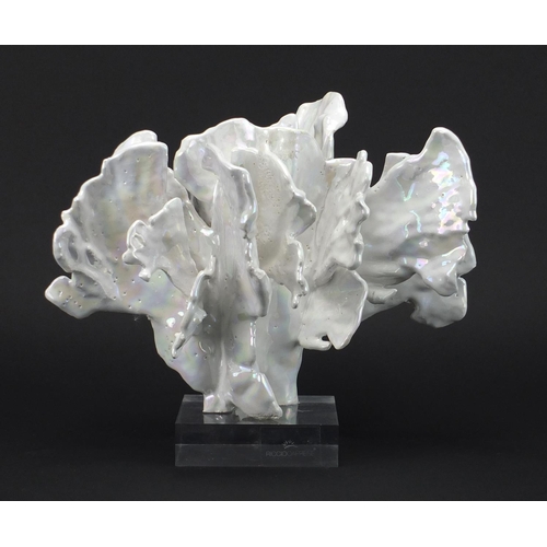2130 - Italian porcelain coral sculpture on perspex block base by Riccio Caprese, 25cm high