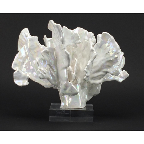 2130 - Italian porcelain coral sculpture on perspex block base by Riccio Caprese, 25cm high