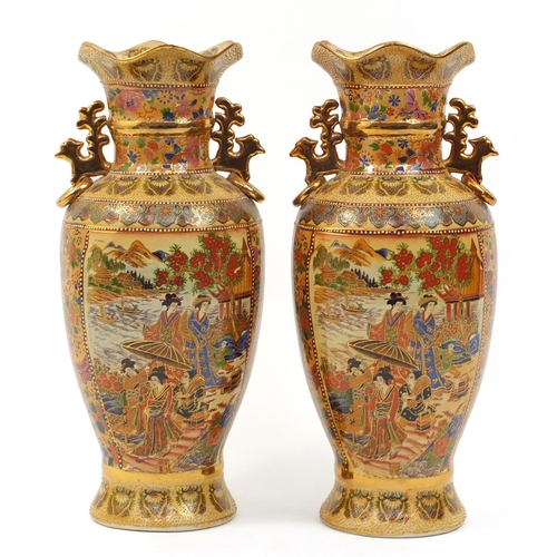2165 - Large pair of Chinese porcelain vases with twin ring turned handles, decorated with figures in lands... 