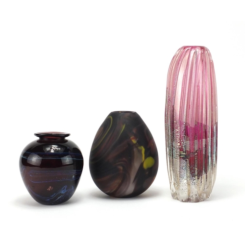 2270 - Three art glass vases including a James Carcass example dated 2015 and two others with etched marks ... 