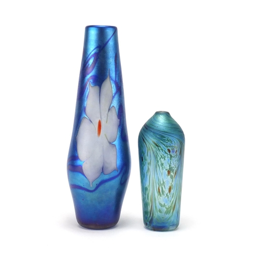 2284 - Two iridescent art glass vases including a flower head example with etched marks around the rim, dat... 