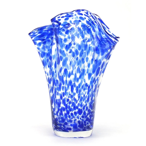2087 - Large glass handkerchief vase with blue splatted decoration, 34cm high