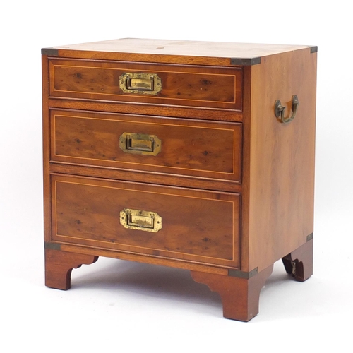 2062 - Inlaid Yew campaign style three drawer chest with brass carry handles, 60cm H x 56cm W x 41cm D