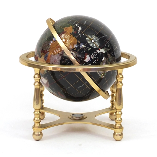 2032 - Gem stone table globe with compass under tier, 44cm high