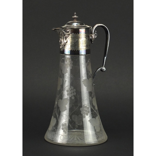 2132 - Victorian glass claret jug with silver plated mounts by Hukin & Heath, the body etched with fruiting... 