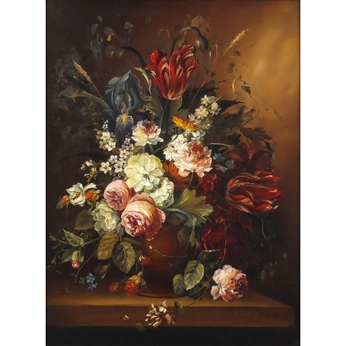 2221 - Still life flowers in a vase, continental school oil on board, bearing a signature B Pal M, framed, ... 