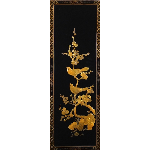 2374 - Set of three Chinese black lacquered and mother of pearl panels, decorated with birds of paradise an... 