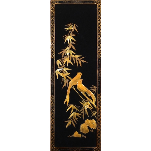 2374 - Set of three Chinese black lacquered and mother of pearl panels, decorated with birds of paradise an... 