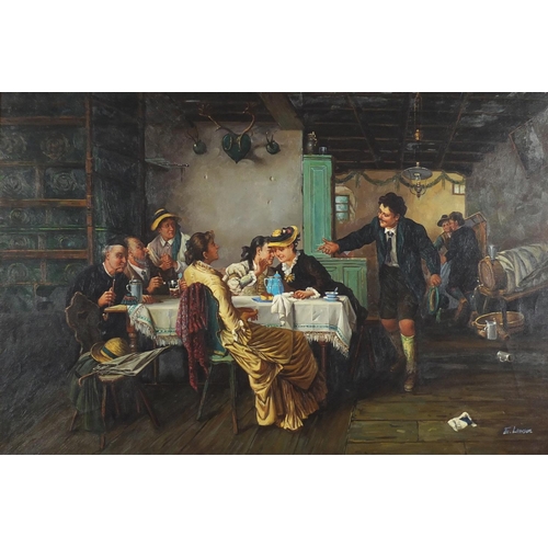 2119 - Tavern scene, Old Master style oil on canvas, bearing a signature E Lawson, framed, 91cm x 60.5cm