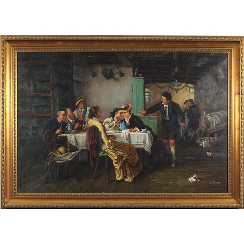 2119 - Tavern scene, Old Master style oil on canvas, bearing a signature E Lawson, framed, 91cm x 60.5cm