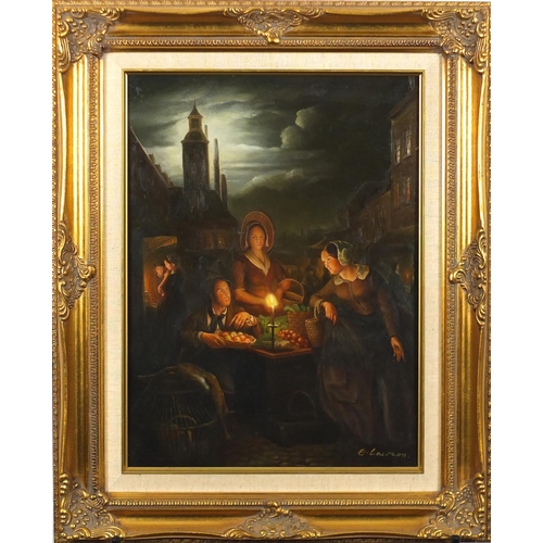 2220 - Street traders, Old Master style oil on wood panel, bearing a signature E Lawson, mounted and framed... 