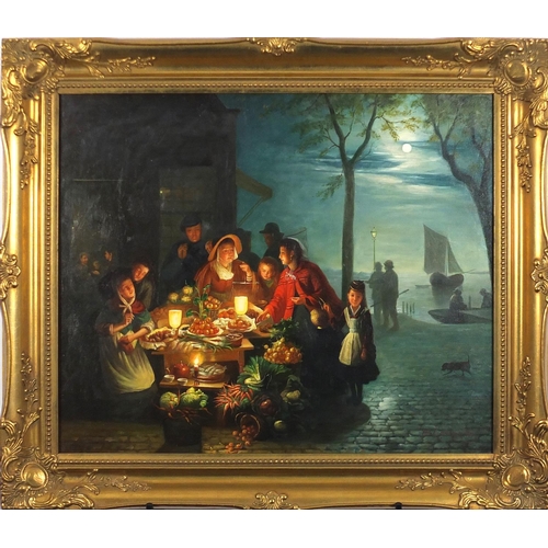 2263 - Figures with a feast before moonlit water, Old Master style oil on canvas, bearing a signature E Law... 