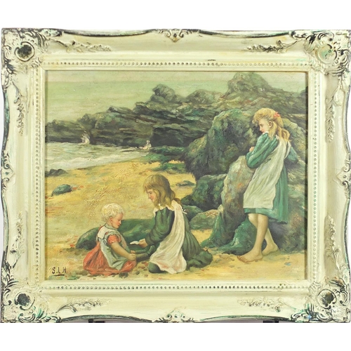 2372 - Children on the beach, impressionist, oil on board, bearing a monogram SLH, framed, 49cm x 39.5cm