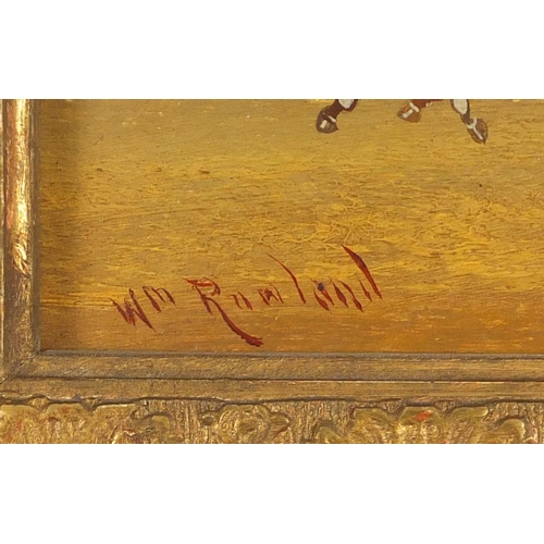 2260 - Figures and stagecoaches, pair of oil on boards, each bearing a signature Rowland, framed, each 26.5... 