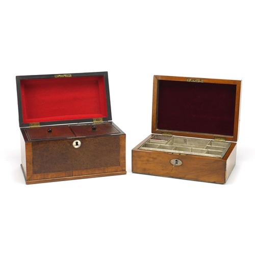 2173 - 19th century inlaid amboyna tea caddy, with twin divisional interior and a walnut workbox with fitte... 
