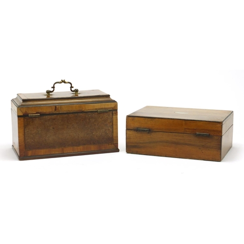 2173 - 19th century inlaid amboyna tea caddy, with twin divisional interior and a walnut workbox with fitte... 