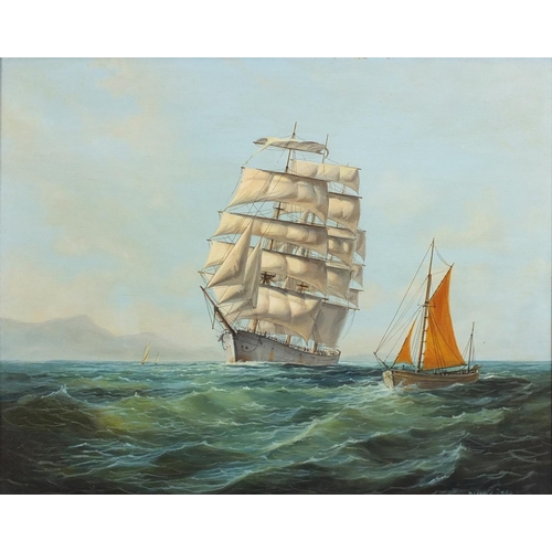2072 - Bernard Page - Ships at sea, oil on board, framed, 50cm x 39cm