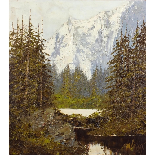 2225 - Swiss alps, impasto oil on canvas, bearing an indistinct signature, unframed, 66cm x 58.5cm