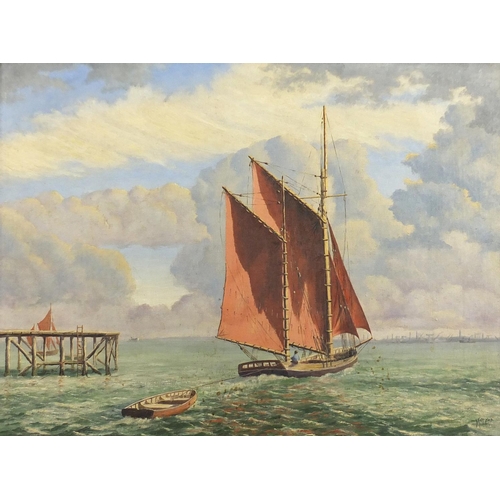 2373 - A Lister J Mcleod - Marine scene, oil on board, label and stamps verso, 60.5cm x 45.5cm