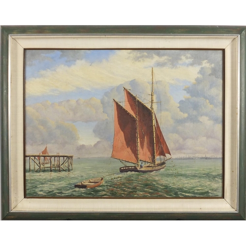 2373 - A Lister J Mcleod - Marine scene, oil on board, label and stamps verso, 60.5cm x 45.5cm