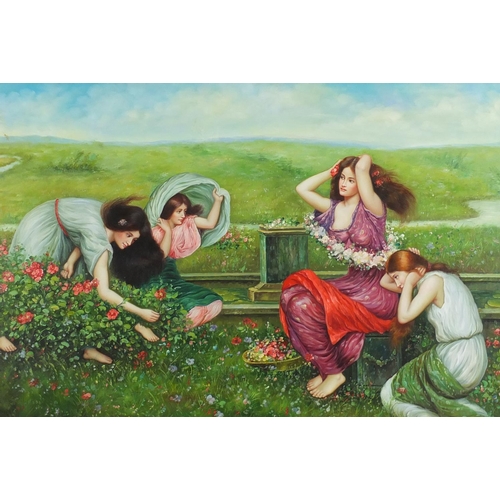 2067 - Pre-Raphaelite maidens in a garden, oil on canvas board, framed, 92cm x 61cm