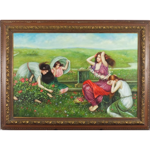 2067 - Pre-Raphaelite maidens in a garden, oil on canvas board, framed, 92cm x 61cm