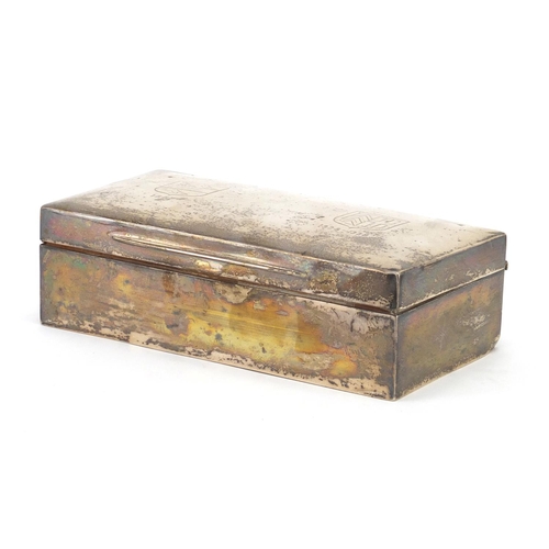 2356 - Rectangular silver cigar box with hinged lid, indistinct London hallmarks, 18cm wide, approximate we... 