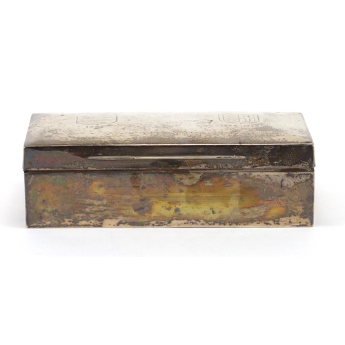 2356 - Rectangular silver cigar box with hinged lid, indistinct London hallmarks, 18cm wide, approximate we... 