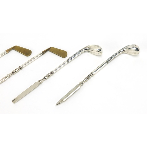 2358 - Set of four novelty sterling silver golf club vanity tools, the largest 9cm in length,  approximate ... 