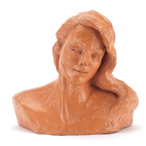 2280 - Terracotta head and shoulders bust of a lady with long hair, 24cm high