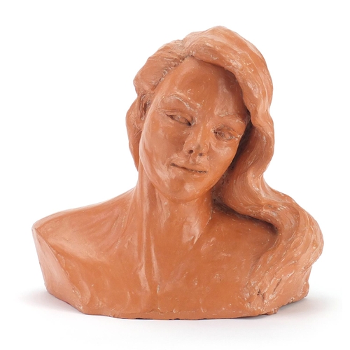 2280 - Terracotta head and shoulders bust of a lady with long hair, 24cm high