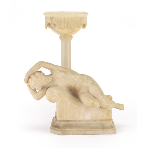 2283 - Alabaster table lamp modelled as a reclining nude lady on a chaise lounge, 35cm high