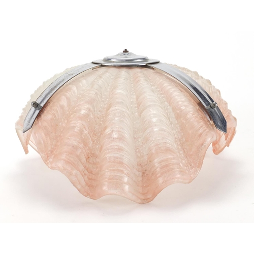 2180 - Art Deco pink glass and chrome shell design light fitting, 34cm in diameter