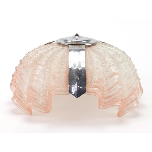 2180 - Art Deco pink glass and chrome shell design light fitting, 34cm in diameter