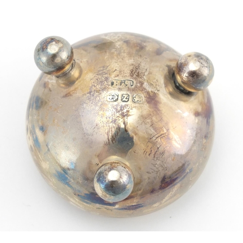 2349 - Silver items comprising bell shaped inkwell, a caster and open salt with ball feet, various hallmark... 