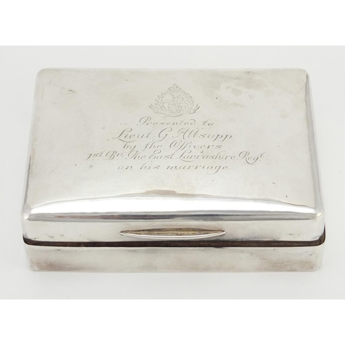 2344 - Rectangular silver cigarette box with Military inscription, indistinct hallmarks, 12cm wide, approxi... 