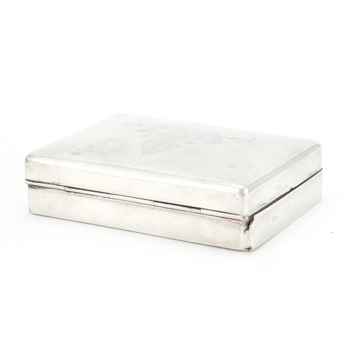 2344 - Rectangular silver cigarette box with Military inscription, indistinct hallmarks, 12cm wide, approxi... 
