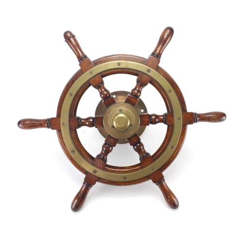 2171 - Oak and brass ships wheel, 54cm in diameter