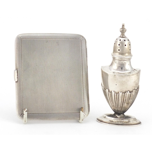 2366 - Rectangular silver cigarette case with engine turned decoration and a demi fluted caster, Birmingham... 