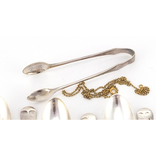 2369 - 9ct gold necklace, set of six silver teaspoons and a pair of silver coloured metal sugar tongs, appr... 